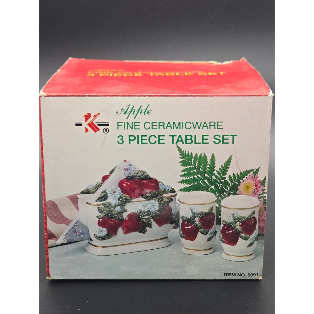 K Fine Ceramicware Apple 3 Piece Table Set Napkin Holder Salt Pepper Shakers